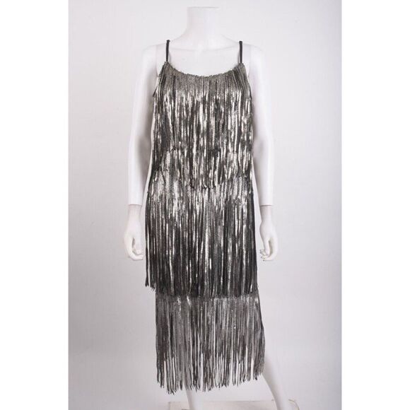 Dress The Population Womans Fringe Midi Dress Size L Silver Sequin Flapper NWT - Picture 1 of 6